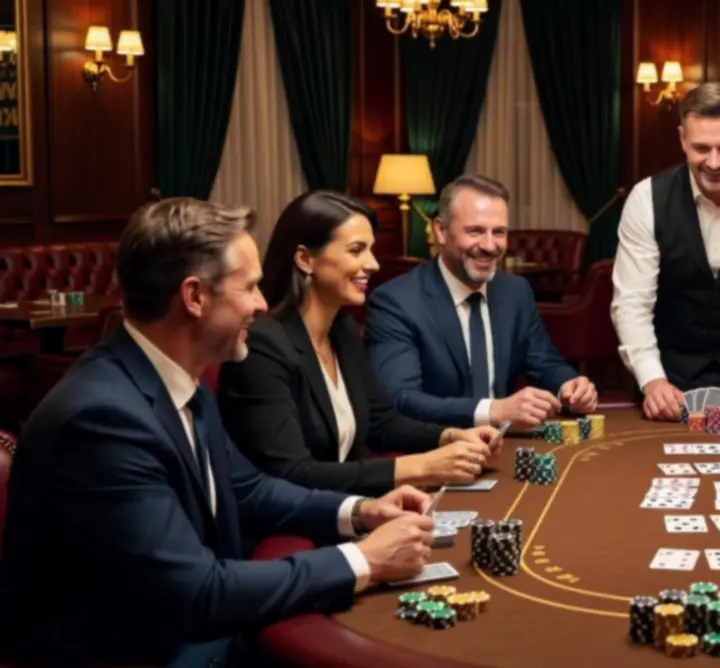 Zespół firmowy integrujący się przy profesjonalnym stole pokerowym podczas eventu