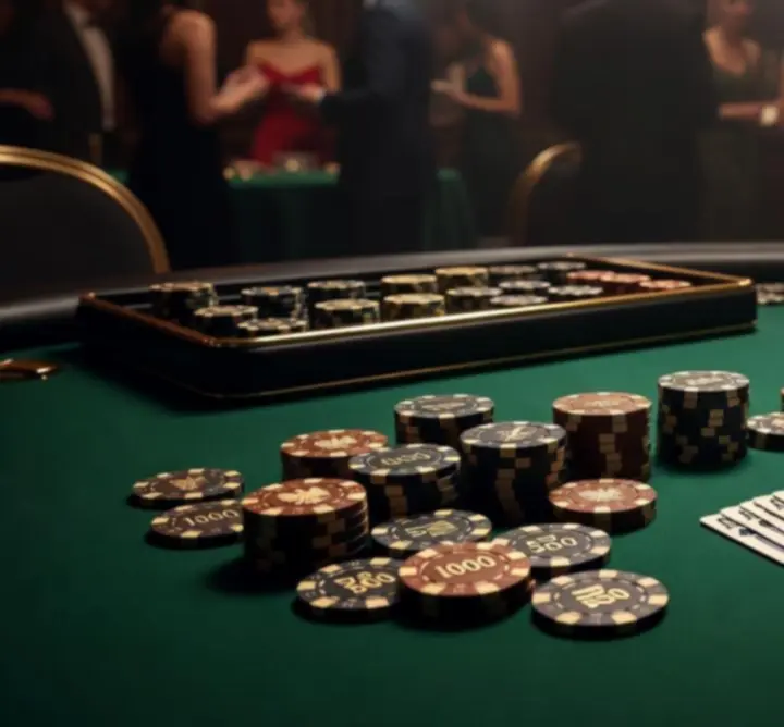 Profesjonalny stół pokerowy z kartami i żetonami premium w eleganckiej oprawie