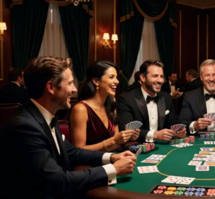 Zadowoleni klienci przy stole pokerowym podczas eleganckiego wieczoru kasynowego